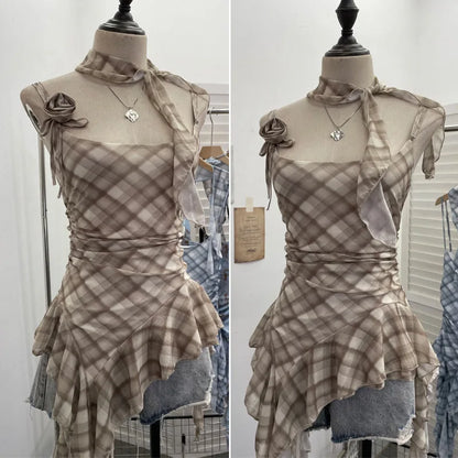 Women's Vintage Tie-dye Printed Mesh Spaghetti Strap Camisole Hot Girl Irregular Ruffled Ribbon Sleeveless Top Partyclub 1185