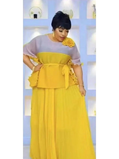 2025 New Casual Suit Women's Two-piece Set Miyake Pleated Skirt + Color Matching Top Loose Long Skirt Set