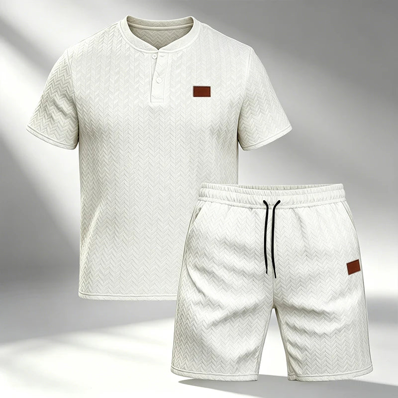 Men Knit Jacquard Henley 2 Piece Set Short Sleeve Drawstring Waist Breathable Lightweight Summer Daily Sport Travel Tracksuit