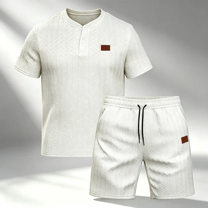 Men Knit Jacquard Henley 2 Piece Set Short Sleeve Drawstring Waist Breathable Lightweight Summer Daily Sport Travel Tracksuit