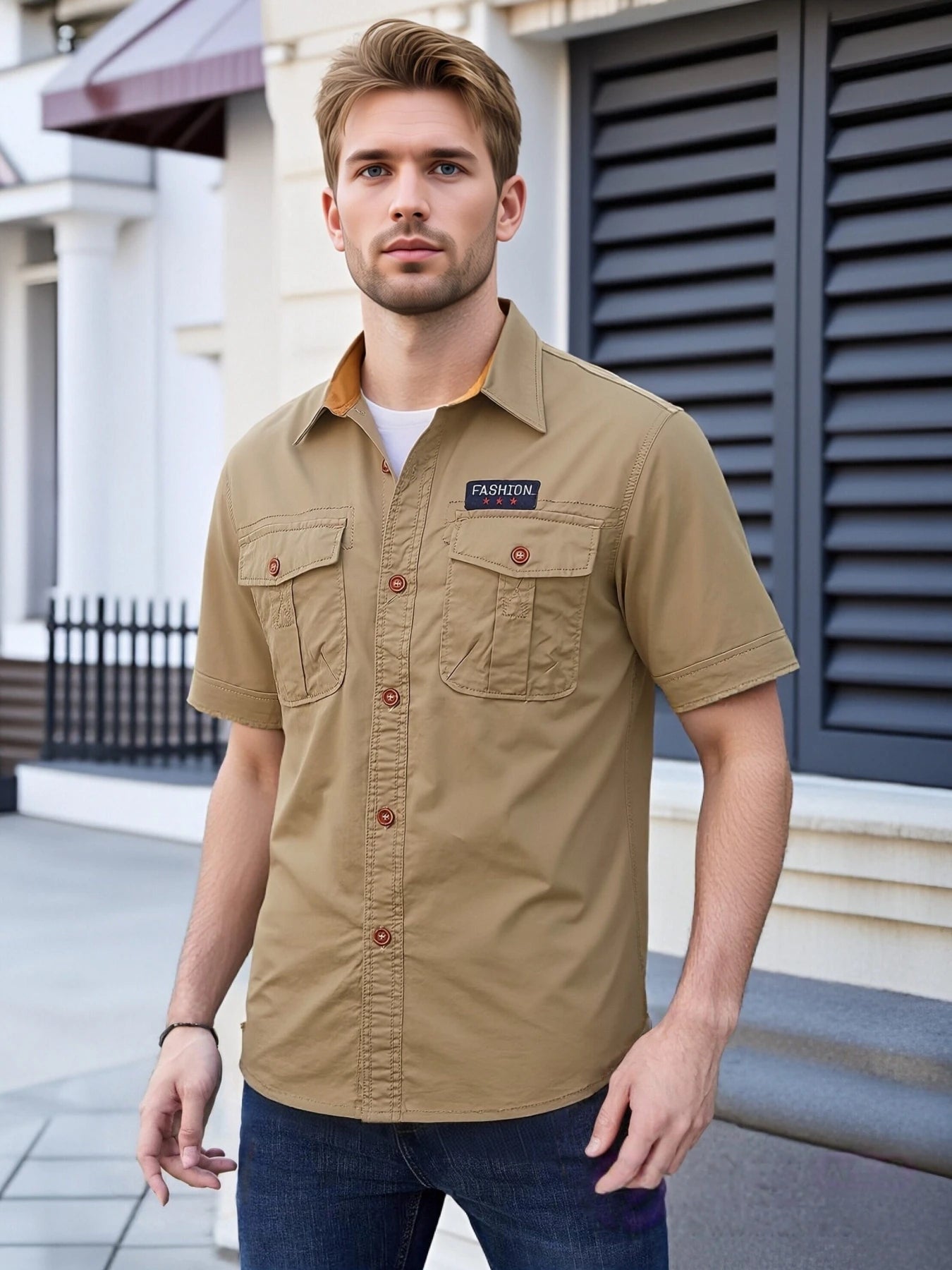 Men's military-style short-sleeved shirt, 100% cotton, multi-pocket design, lightweight and comfortable