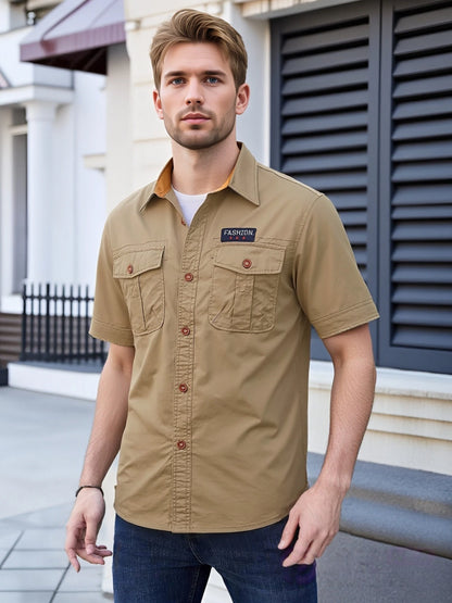 Men's military-style short-sleeved shirt, 100% cotton, multi-pocket design, lightweight and comfortable