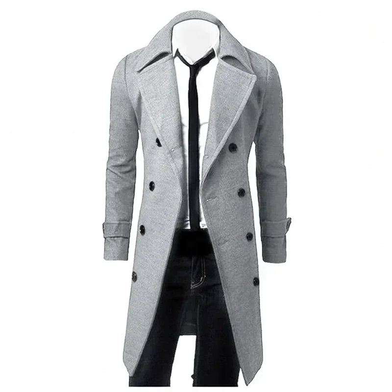 Mens Double Breasted Trench Coat Wool Blend 2025 Autumn Winter Solid Casual Slim Fit Long Jacket Wool Coat Fashion Mens Clothing