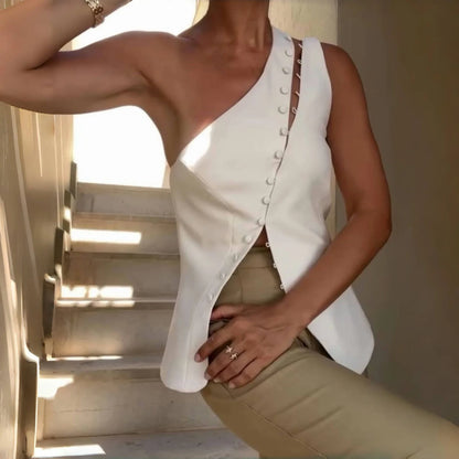 Cryptographic Elegant Asymmetrical Top with Hook and Eye Fashion Sexy Cut Out Backless Split Tops Slim Vest Summer Clothes