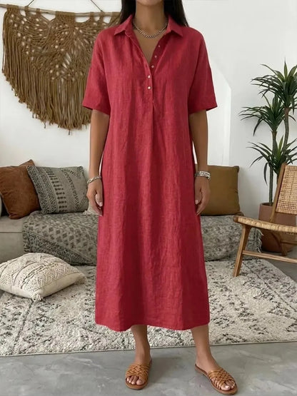 2026 Women's New Casual Straight-Cut Comfortable Polo-Neck Linen Short-Sleeve Dress