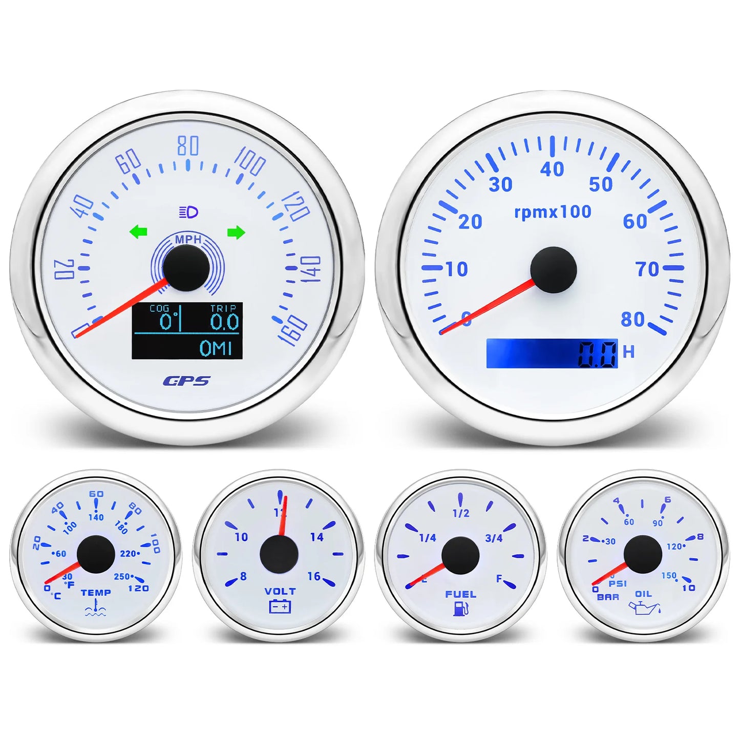 6 Gauge Kit 85mm GPS Speedometer 200KM/H Tachometer 8000RPM Fuel Level Water Temp 0-120℃ Oil Pressure Gauge 12V Voltage Meter