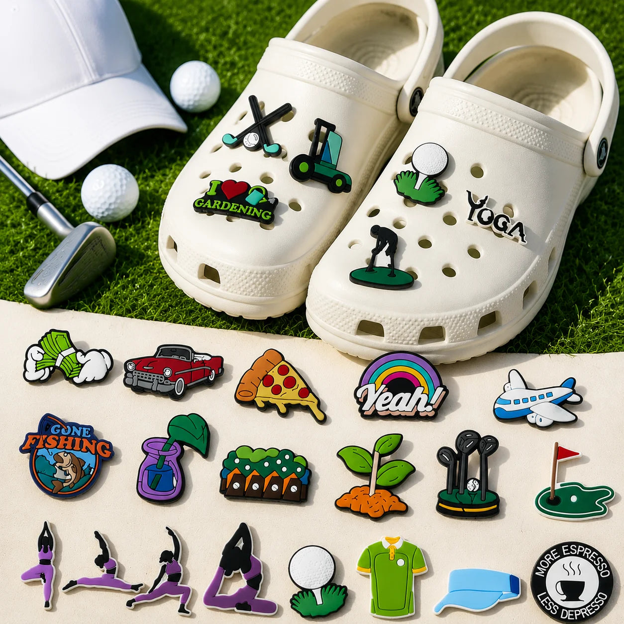 1/25PCS Golf & Lifestyle Shoe Charms Set DIY Decorative Pins Yoga Gardening Pizza Clogs Sandals Accessories Decorations Gifts