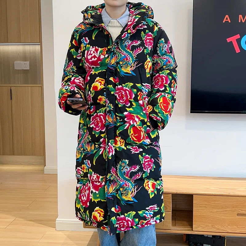 Thickened Long over Knee Hooded Fleece Lined Northeast Big Flower Coat Men's Cotton Jacket Youth Fashion Sport Scene Casual Coat