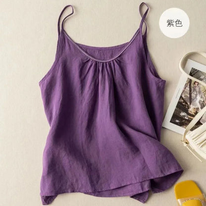Women's Retro Cotton Linen Tank Top Summer Thin Solid Color Loose Sleeveless Top Female Fashion Casual Basic Vest