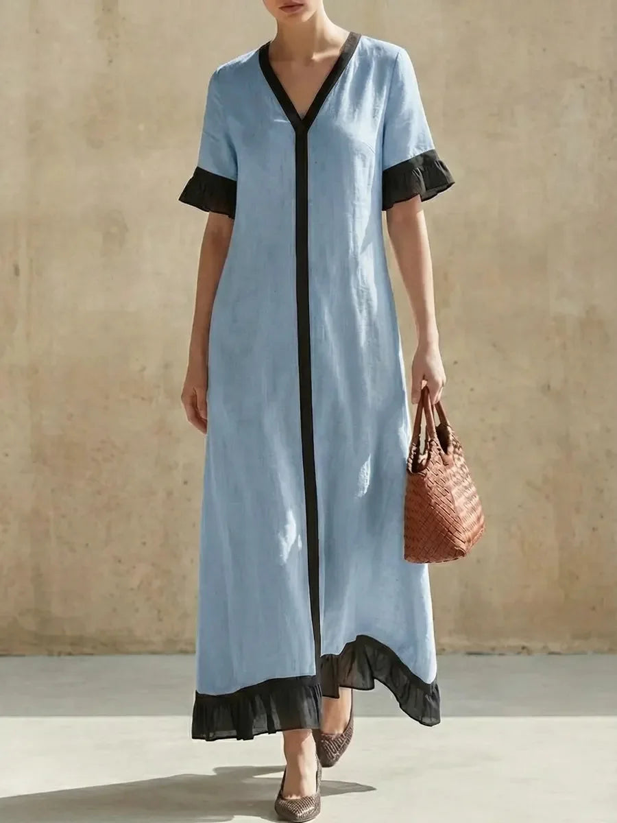 Summer Women Color Block V-Neck Short Sleeve Dress Loose Fit Long Maxi Dress Elegant Casual Beach Outfit