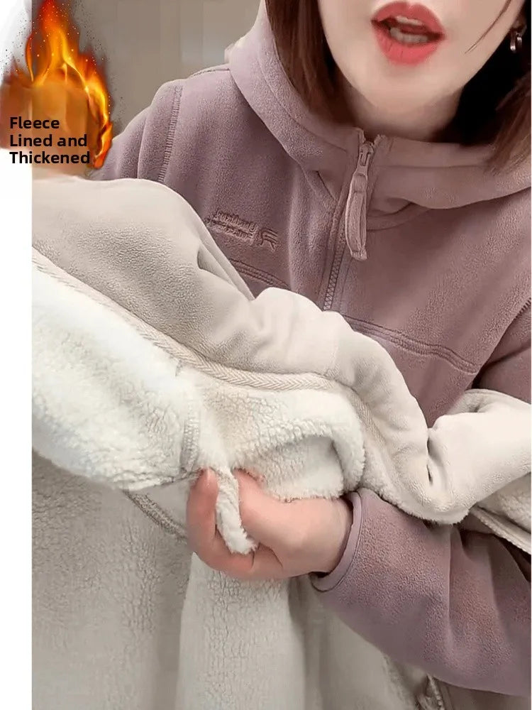 Autumn Winter Thickened Fleece Hoodie Jacket Women's Casual Slimming Versatile Long Sleeve Zipper Closure  Color Sweatshirt