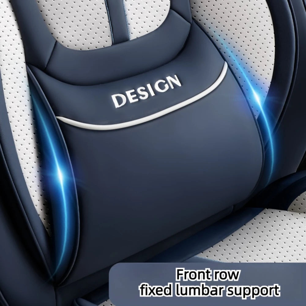 Premium PU Leather Auto Seat Covers Set with Built-in Lumbar Support +2 Headrest Covers +1 Steering Wheel Cover Comfortable