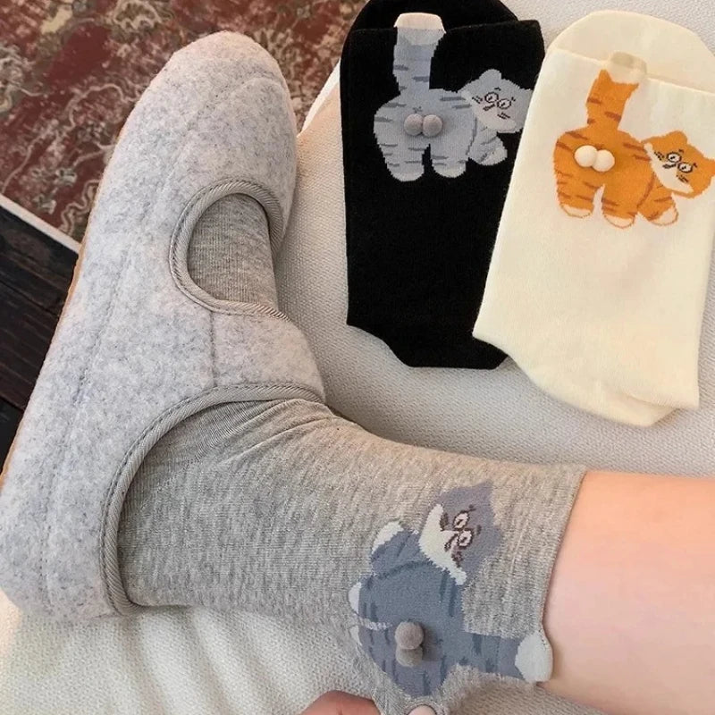 1pairs  Cat Printed Three Dimensional Mid Tube Socks Sweat Absorbing Breathable Soft Casual Couples Socks for Men Women