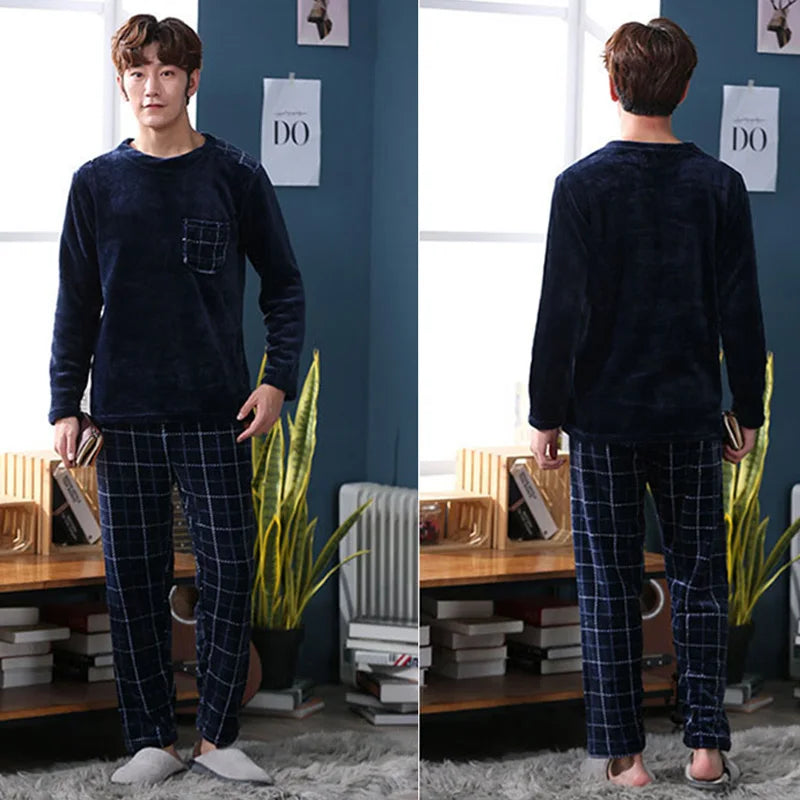 2pcs/Set Fall And Winter Facecloth Men's Pajamas Padded Thickened Warm Long-Sleeved Teenagers Coral Fleece Homewear boy clothes