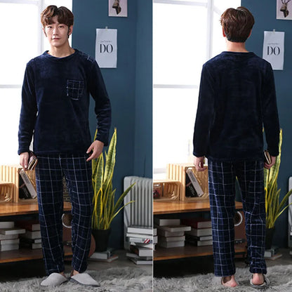 2pcs/Set Fall And Winter Facecloth Men's Pajamas Padded Thickened Warm Long-Sleeved Teenagers Coral Fleece Homewear boy clothes