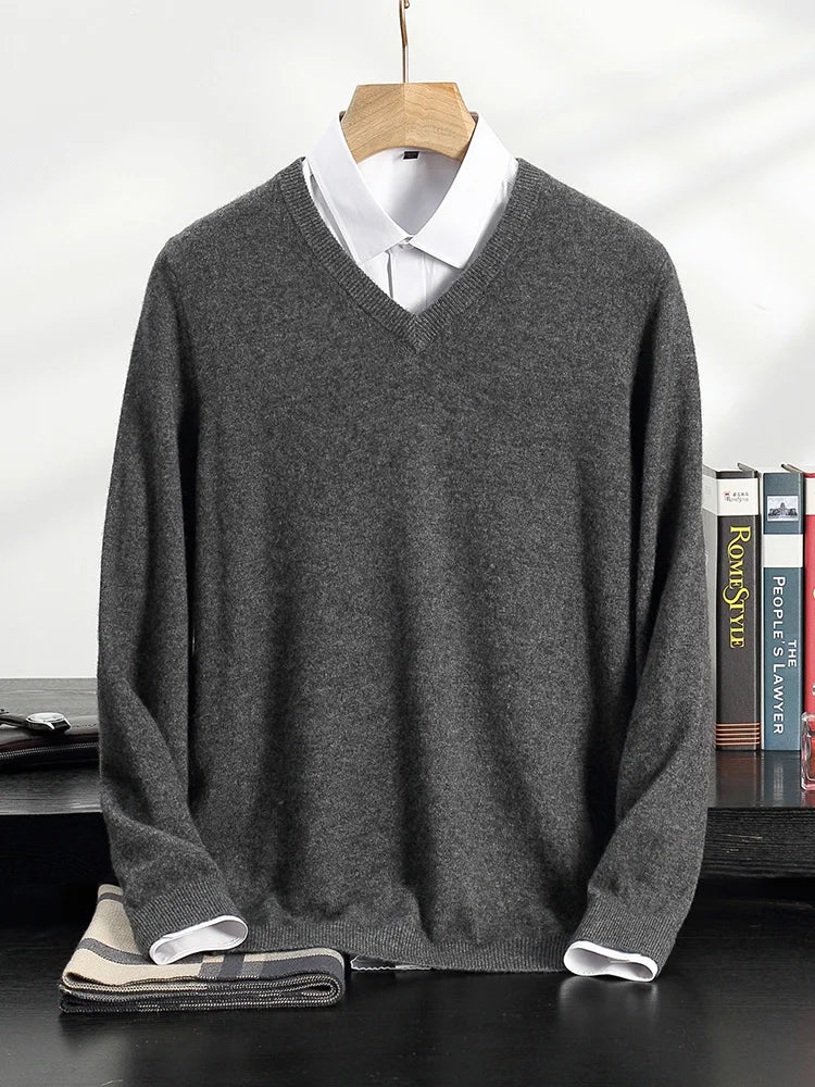 100% Cashmere Sweater Men's V-Neck Knit Pullover 2025 Spring/Autumn New Solid Color Long Sleeved Tops Business Casual Menswear