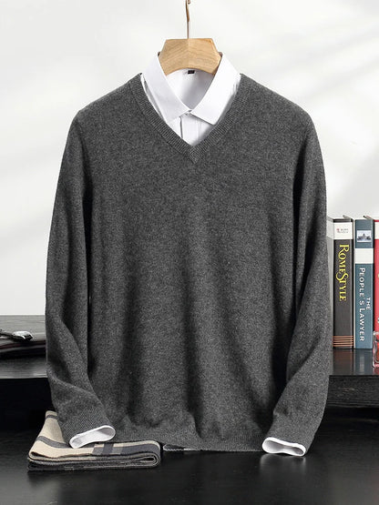 100% Cashmere Sweater Men's V-Neck Knit Pullover 2025 Spring/Autumn New Solid Color Long Sleeved Tops Business Casual Menswear