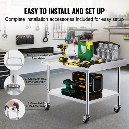 SucceBuy Stainless Steel Work Table Commercial Food Prep Worktable with 4 Wheels Heavy Duty Prep Worktable for Restaurant Home