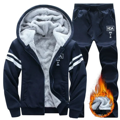 Winter Men Set Casual Warm Thick Hooded Jacket+Pants 2PC Sets Men Inner Fleece Hoodies Zipper Tracksuit Male Sports Suit Outwear