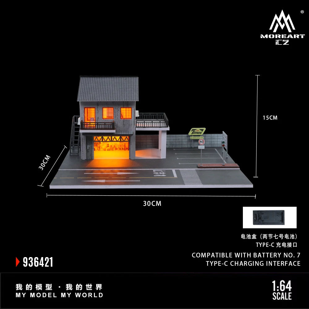 Diorama 1/64 Die-Cast Garage Model LED Lighting Street Parking Lot Scene Model Display City Factory Buildings Model Toy AU