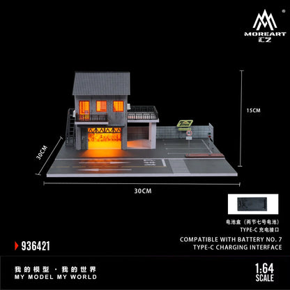 Diorama 1/64 Die-Cast Garage Model LED Lighting Street Parking Lot Scene Model Display City Factory Buildings Model Toy AU