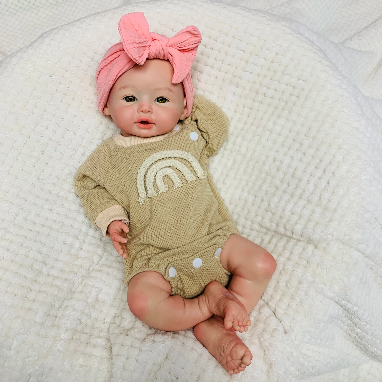 18 Inch Full Soft Silicone Reborn Girl Doll, Open Mouth Newborn with Pink Bow Headband, Real Touch Handmade Collectible Gift Toy