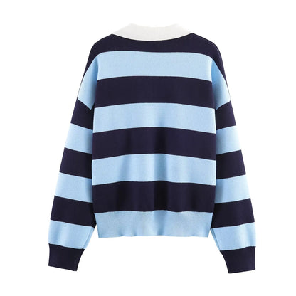 JNLEAOG Fashionable Striped Knitted  Shirt Women's Loose Fit Classic Pattern Long Sleeve Youthful Vitality Autumn New Arr...