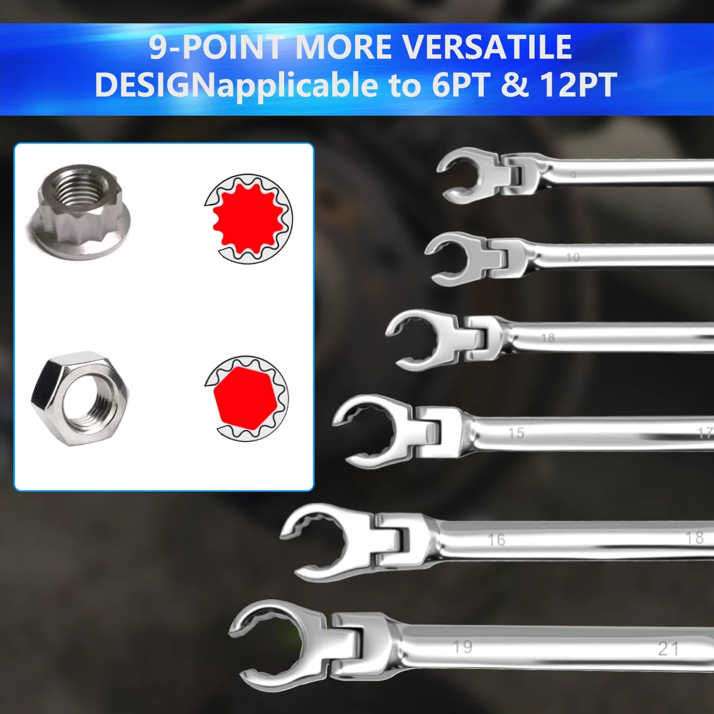 6-Piece Flexible Flare Nut Wrench Set, 9mm - 21mm, Metric Flexible Head Ratchet Wrench, Auto Repair Combo
