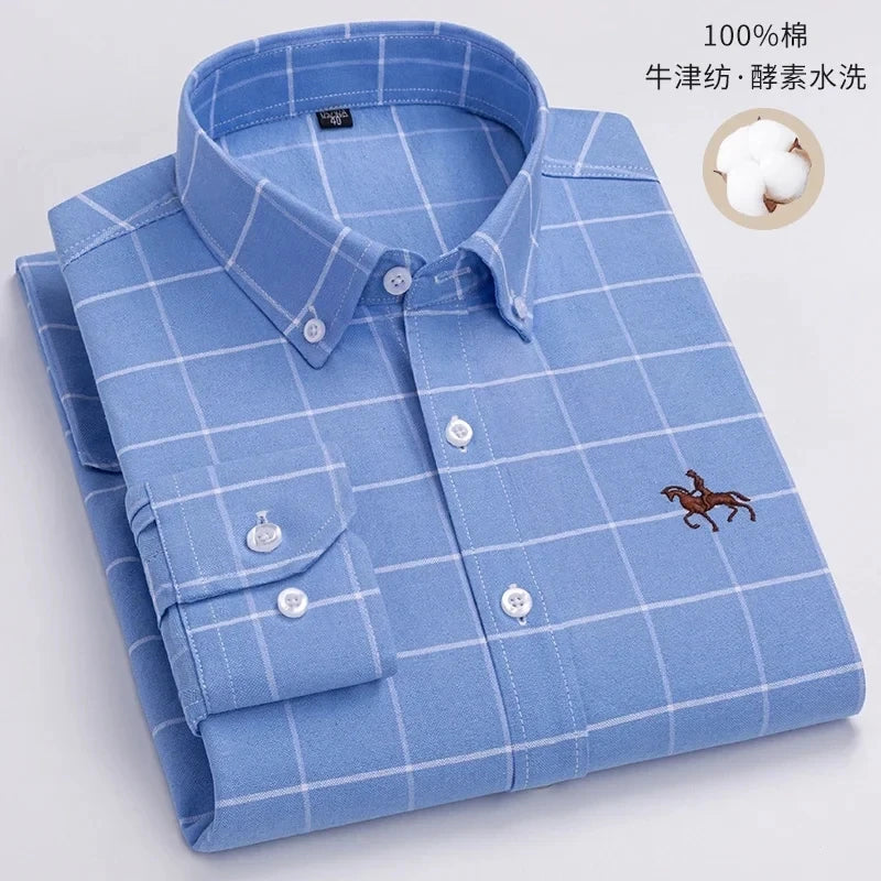 New 100% Cotton Oxford Shirt For Men's Long Sleeve Solid Casual Business Regular-Fit Formal Dress Shirts Social Blouse S-6XL