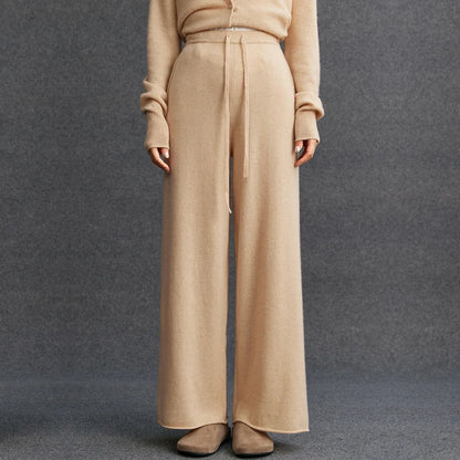 Ladies 100% Cashmere Knitted Wide Leg Pants Casual Solid Color Loose Fit Elastic Waist Floor-Length Poc Matching Pants