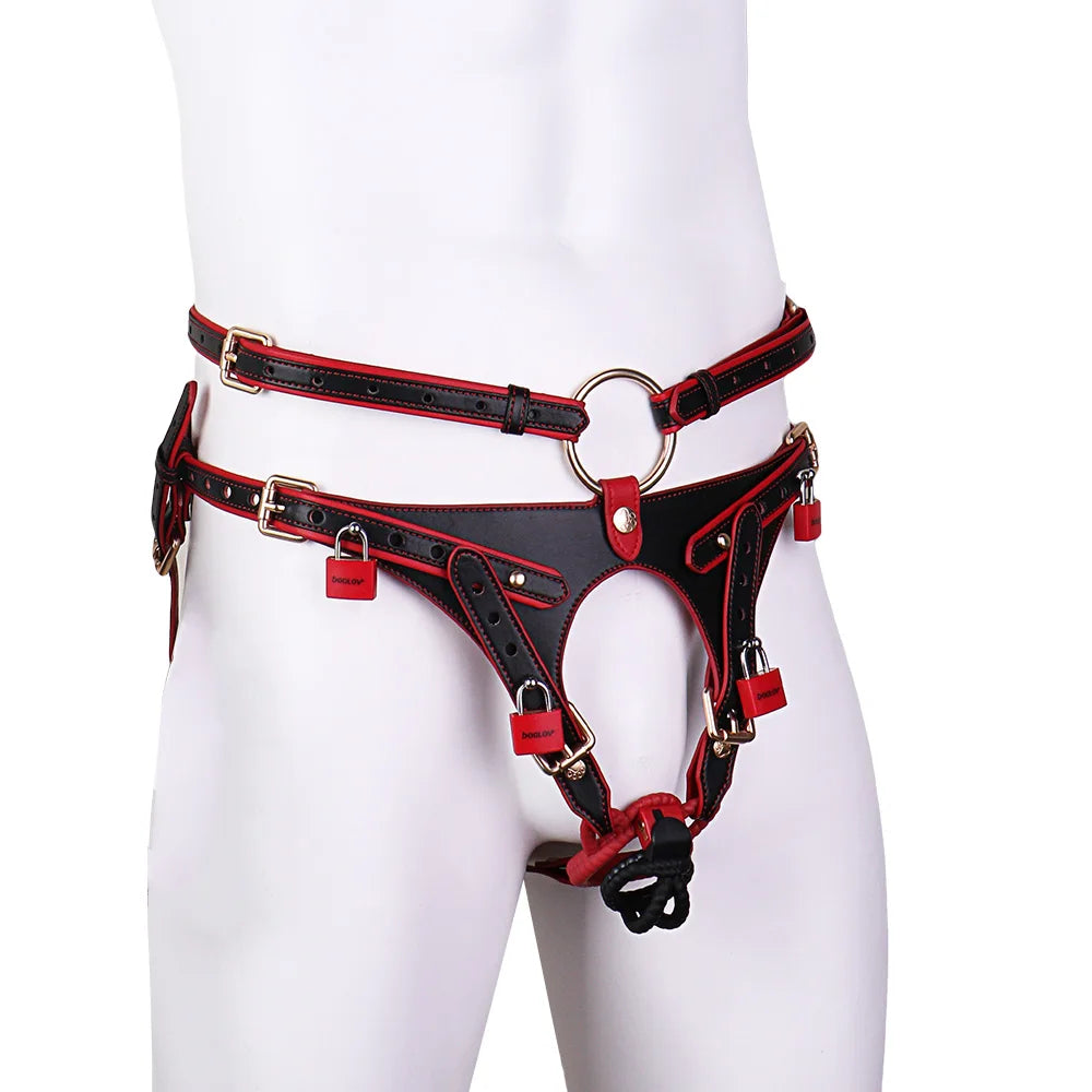 ANOSX Male Chastity Cage Twin-Wing Lock Oath Bearer Pants Back Strap On Dildo Restraint Urethral Leather Harness Men's Underwear