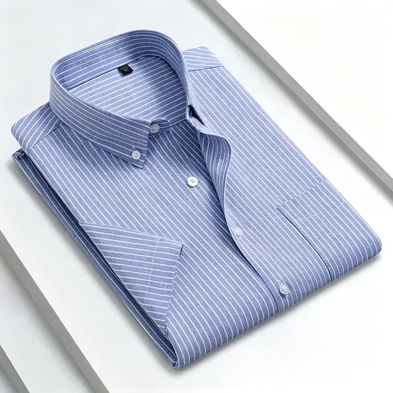 New 100% Cotton Men's Oxford Shirts Short Sleeve Summer Stripe Casual Formal Dress Social Regular Fit White Fashion Clothes 5XL