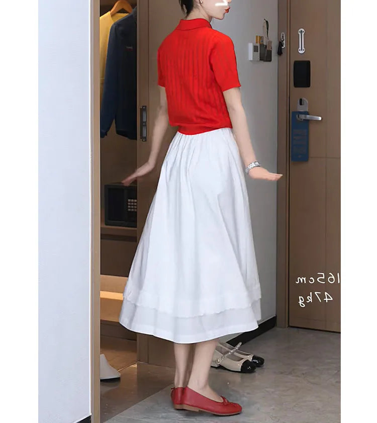 Red  Neck Knitted T-Shirt Women's Summer Style Short Sleeve White Color Loose Fit Casual Wear Polyester Blend Creative Pa...