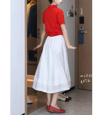 Red  Neck Knitted T-Shirt Women's Summer Style Short Sleeve White Color Loose Fit Casual Wear Polyester Blend Creative Pa...