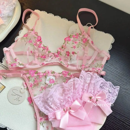 Elegant French Lace Bra Set Women Floral Embroidery Soft Underwire Ultra Thin Large Bust Support Sheer Mesh Lingerie BANERDANNI