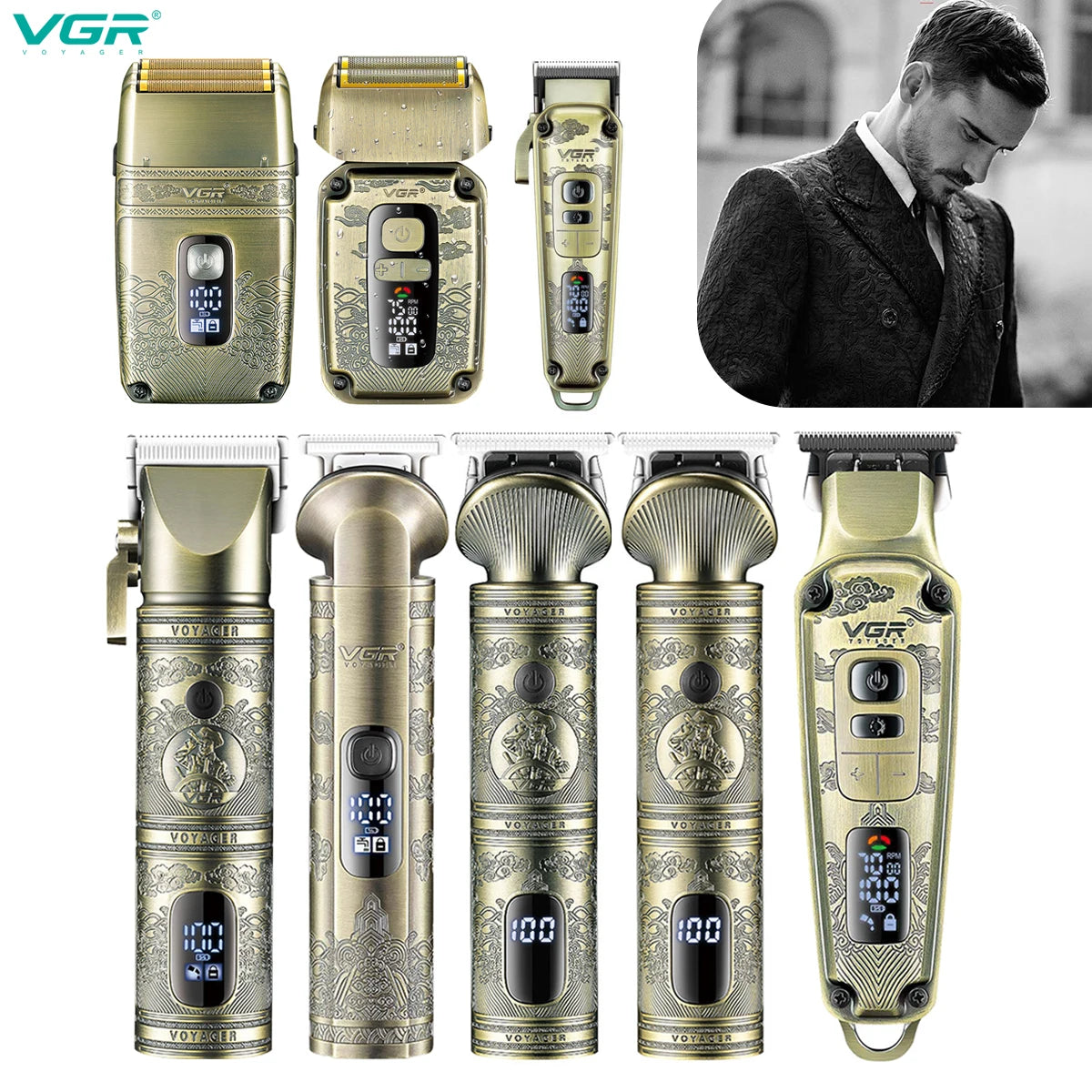 VGR professional high-end hair trimmer set, retro metal electric push shear, home LED intelligent digital hair clipper, shaver