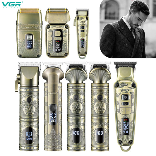 VGR professional high-end hair trimmer set, retro metal electric push shear, home LED intelligent digital hair clipper, shaver