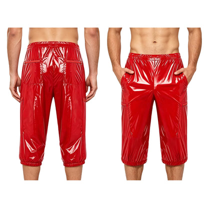 Men Oil Glossy Cargo Shorts Waterproof Elastic Waist Band Multi-pocket Zipper Overalls Capri Pants Dance Clubwear Beach Swimwear