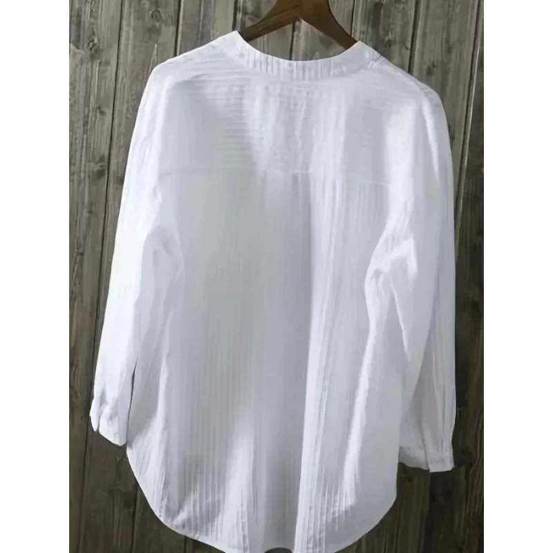 Plus Size Shirts Women's Cotton Tops Mujer Office Long Sleeve New Korean Loose Casual Vertical V-neck Shirts Top Blusas De Mujer