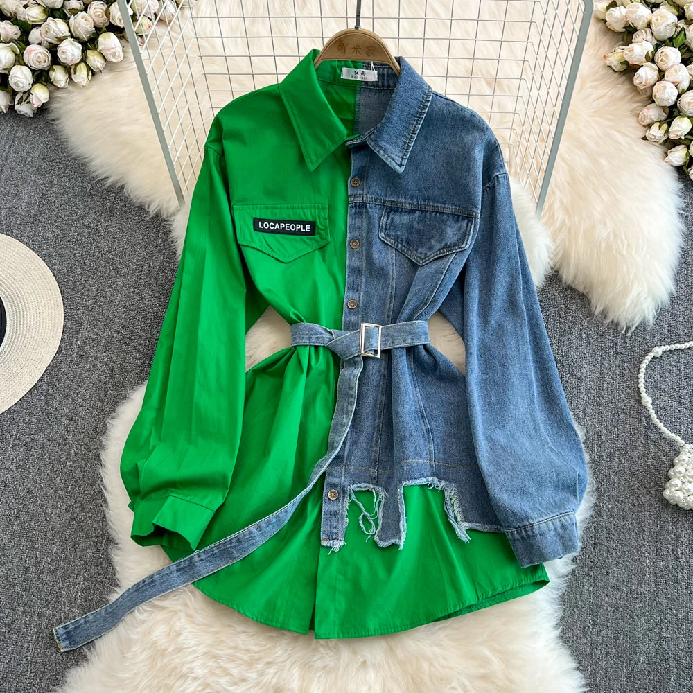 Retro Hong Kong Sle Casual Mid-Length Women's Denim irt with Belt Spring New Faion Chic Loose Fit Pure Color  Collar