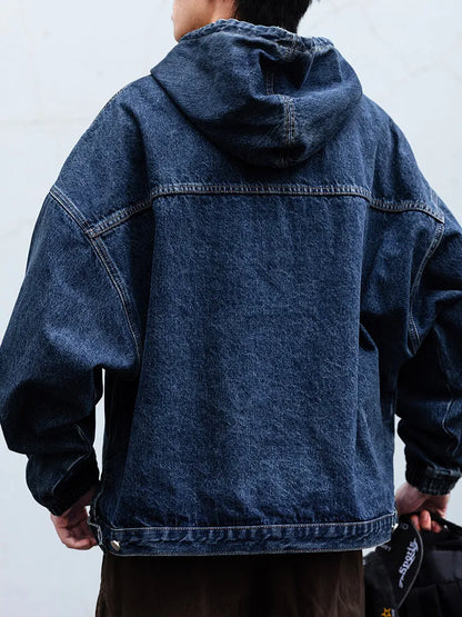 Mens Hooded Denim Jacket American Vintage Heavyweight Washed Distressed Loose Fit Streetwear Pullover Workwear Casual Trendy