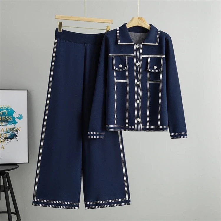 Loose Long Sleeve Collared Sweater And Pants Set Women's Casual Style Fashion 2025 Autumn Season Single Button Opening Cardigan