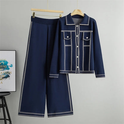 Loose Long Sleeve Collared Sweater And Pants Set Women's Casual Style Fashion 2025 Autumn Season Single Button Opening Cardigan