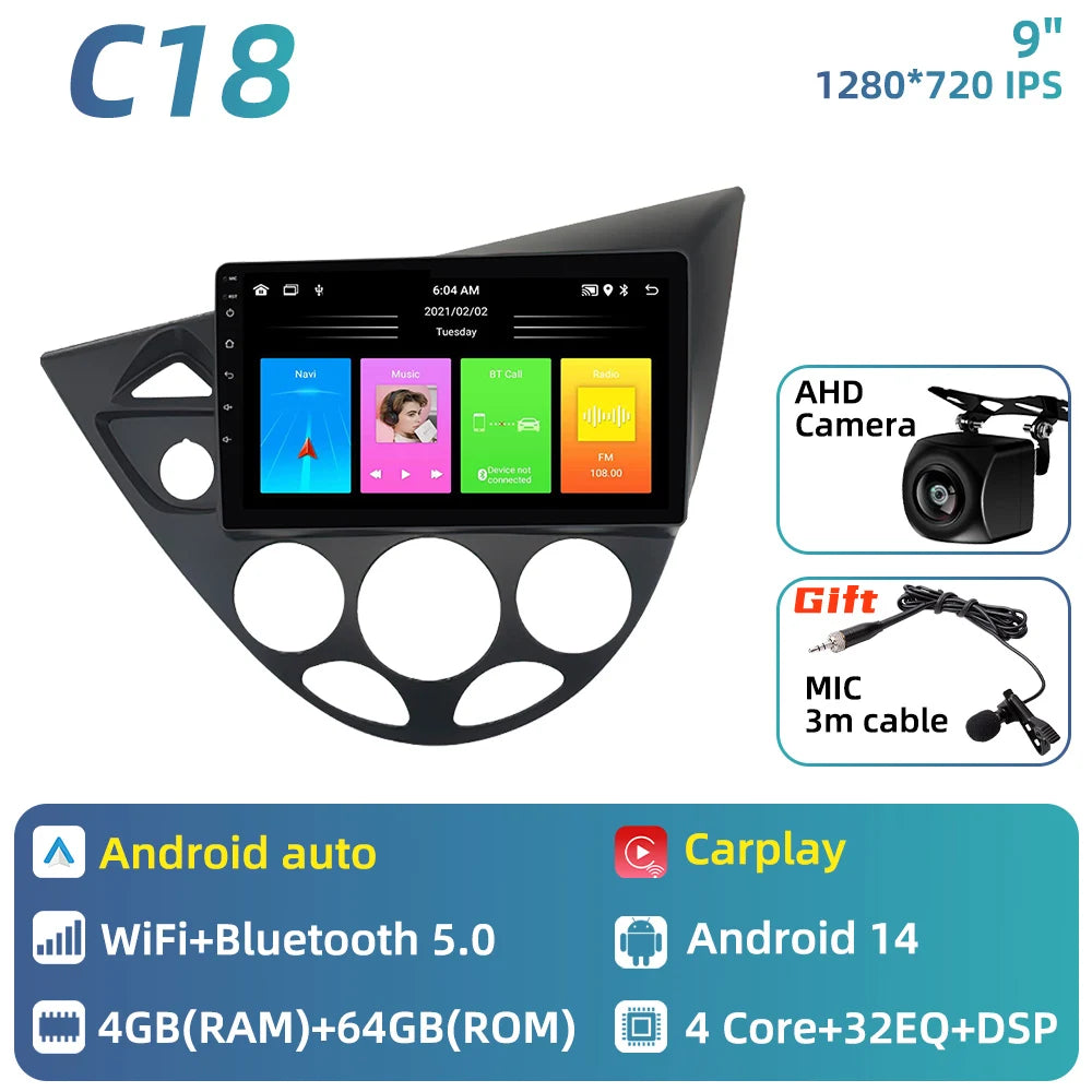 Car Multimedia for Ford Fiesta 1995 - 2001 Focus MK1 1998 - 2004 Car Radio GPS Navigation Android Stereo Carplay Auto 2 Din 4G