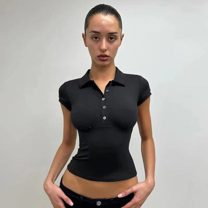 Tank Polo Collar Short-Sleeve T-Shirt, Slim-Fit Waist-Cinching Style, Slimming Hot Girl Style Crop Top, High-Elastic Slim-Fit Waist-Cinching Polo Shirt, Hot Girl Style for Layering or Wearing Alone