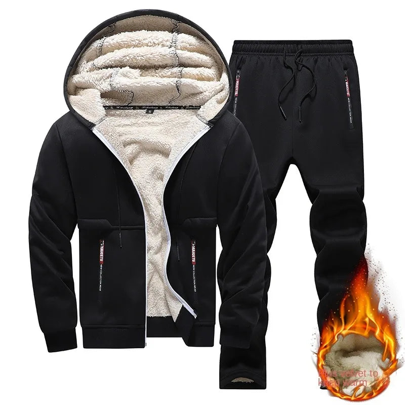 Lamb fleece suit men's hooded jacket men's thick winter sports suit men's cardigan two-piece set men's hoodie men's sweatpants m