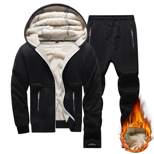 Lamb fleece suit men's hooded jacket men's thick winter sports suit men's cardigan two-piece set men's hoodie men's sweatpants m