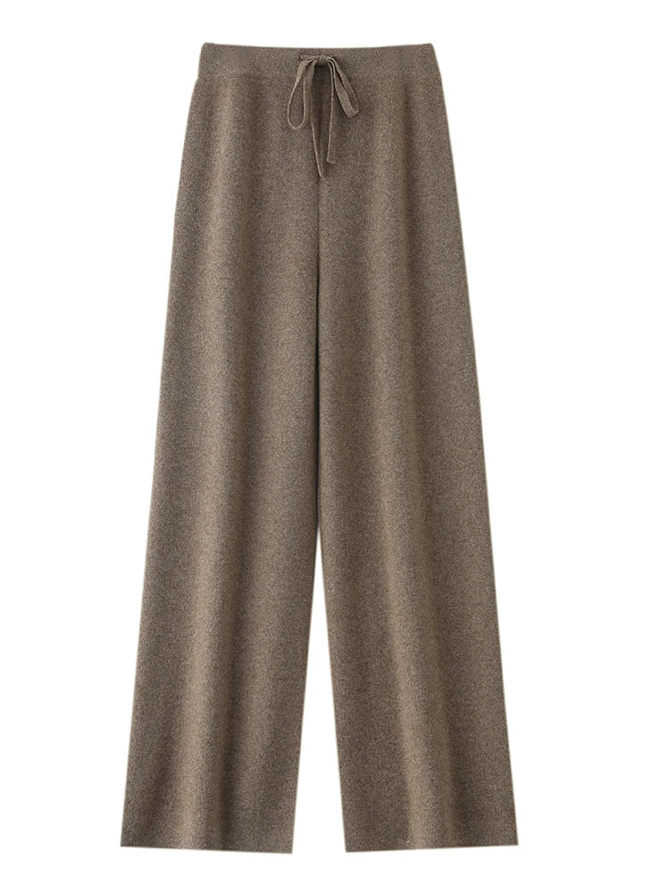 Chic Wide-Leg Pants Women's Autumn Winter Solid Color 100% Merino Wool Knitted Casual Loose Soft Thick Warm Popular Trousers