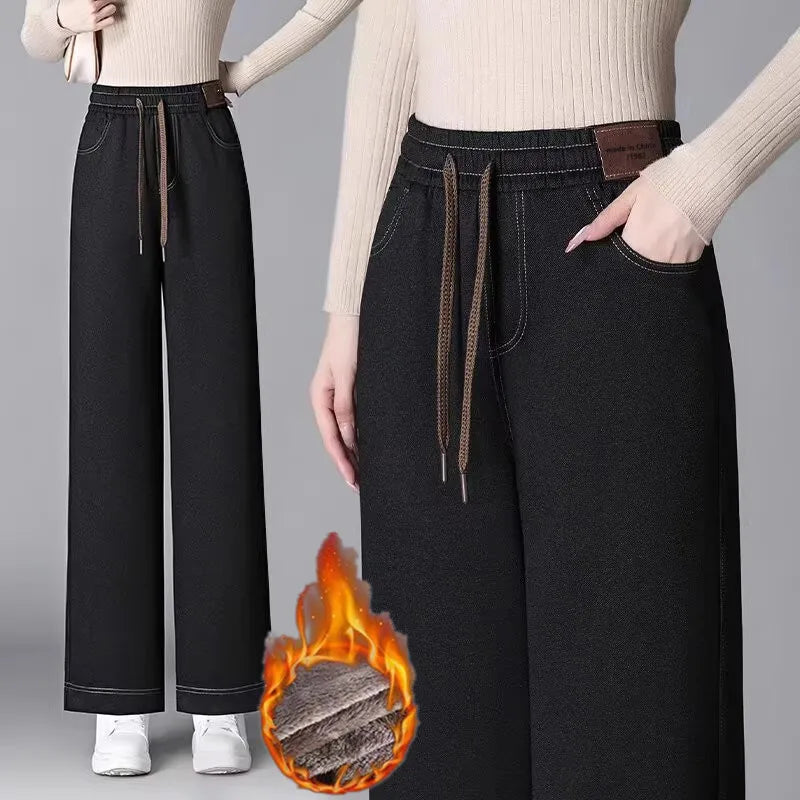 Women's Fleece Lined Wide Leg Pants High Waist Elastic Casual Mom Straight Leg Jeans Style Autumn Winter Fashion Loose Fit