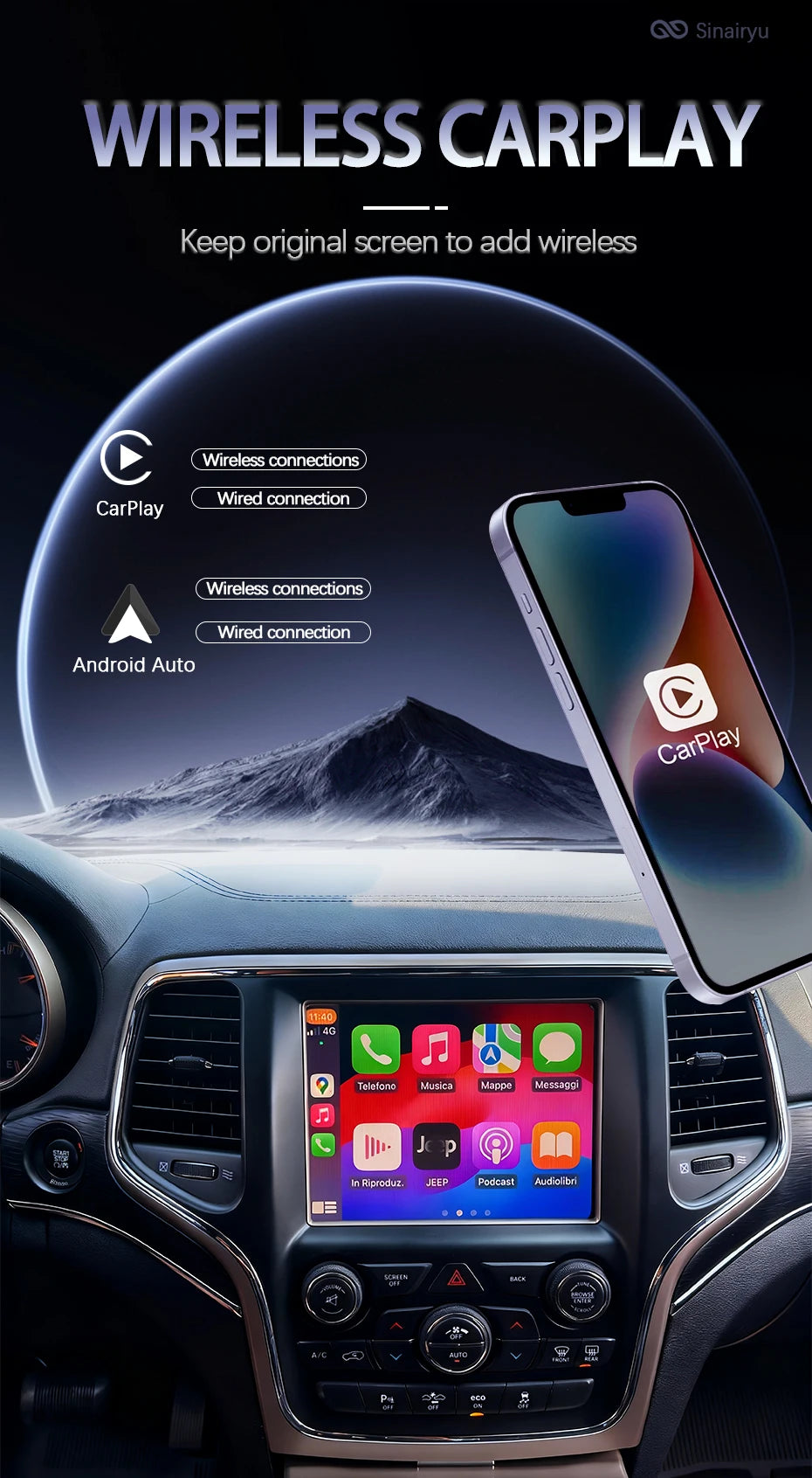 Sinairyu Apple Carplay Android Auto Aftermarket Camera Wireless Module For Jeep Grand Cherokee XJ KL Wrangler Compass Commander